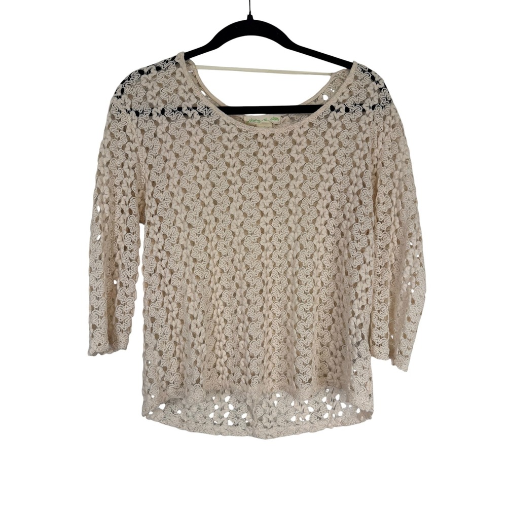 Stars and Stars Women Cream Crochet Lace Knit Top 3/4 Sleeve Small Made in USA